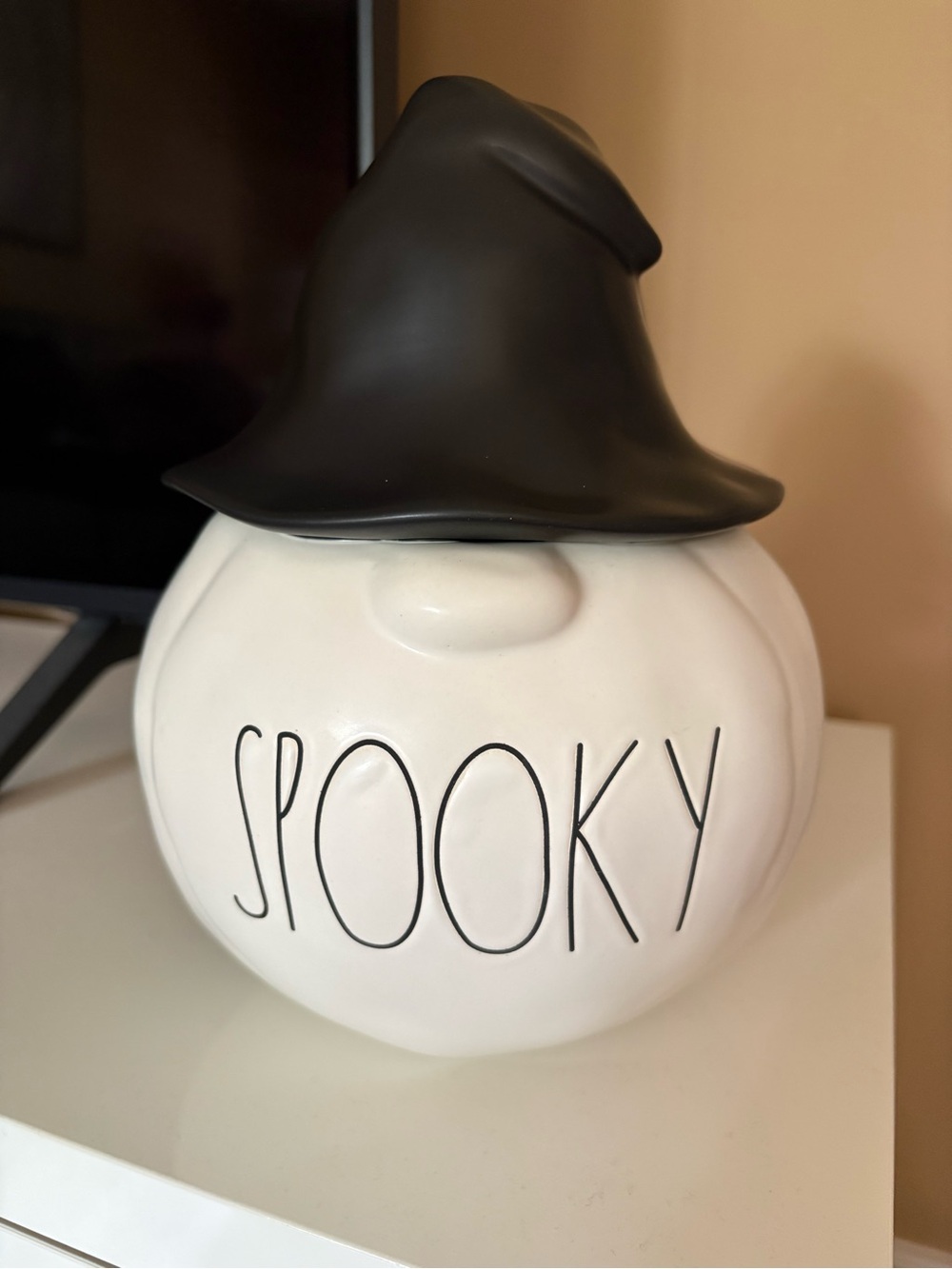 Large White Ceramic 'Spooky' Gnome Accent with Black Witch Hat